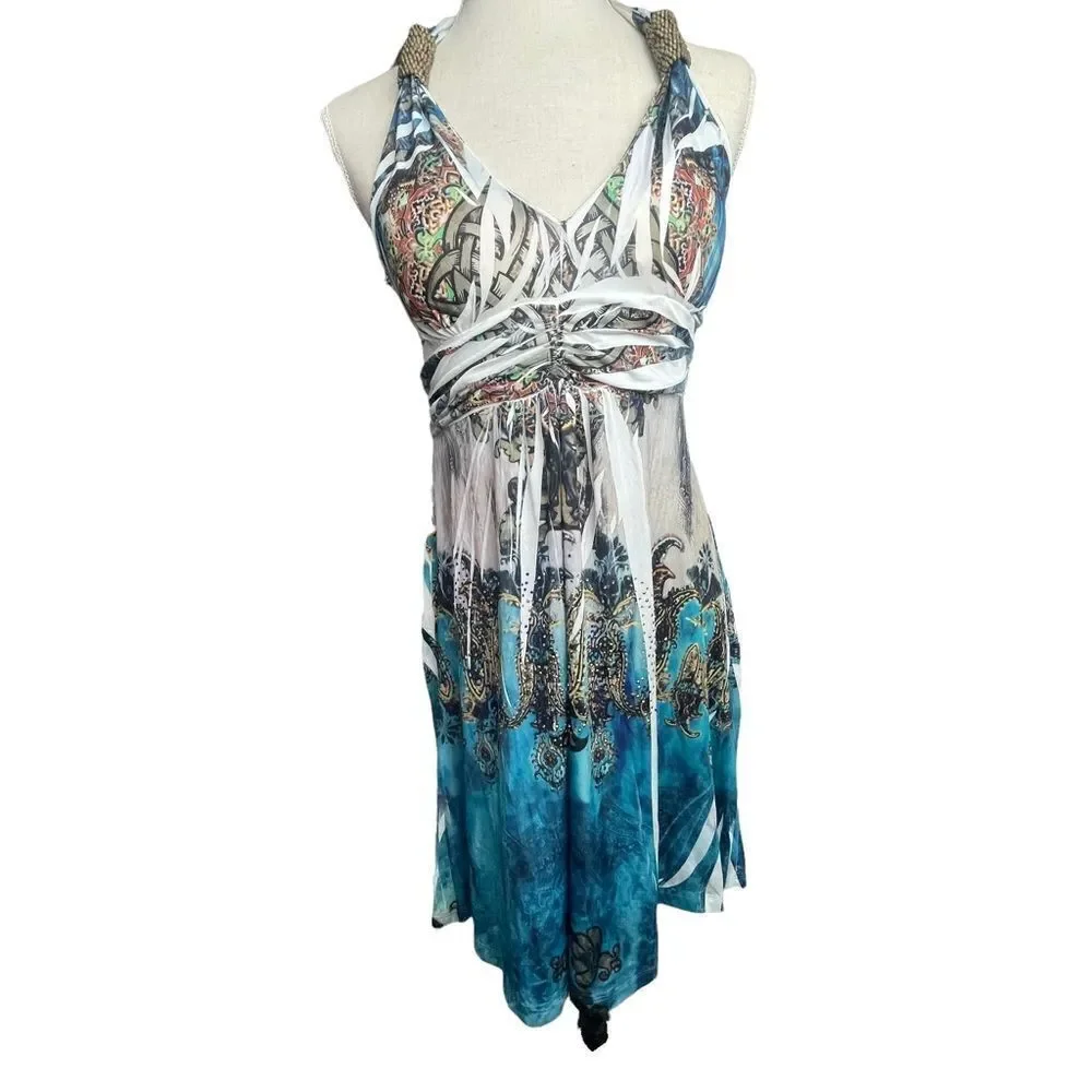 Cristinalove Blue White Gold Halter graphic paisley tie dye Mini Dress size L